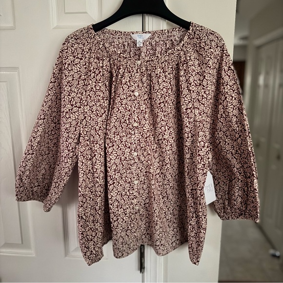 Time and Tru Women's XL Blouse NWT Red Floral Cotton Button Front 3/4 Sleeve Top - Picture 3 of 13